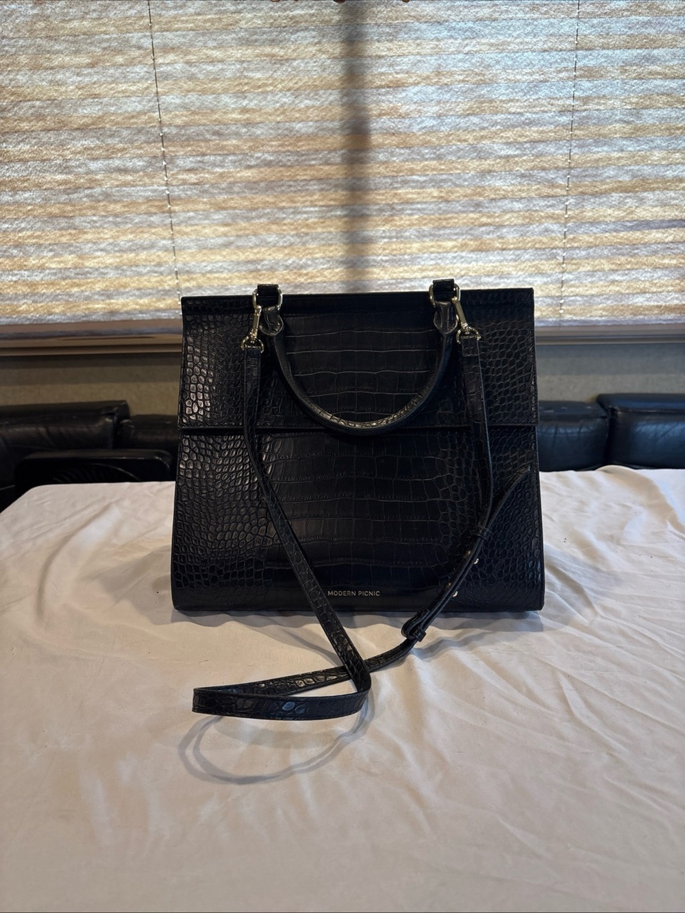Black Croc-Embossed Leather Tote Bag